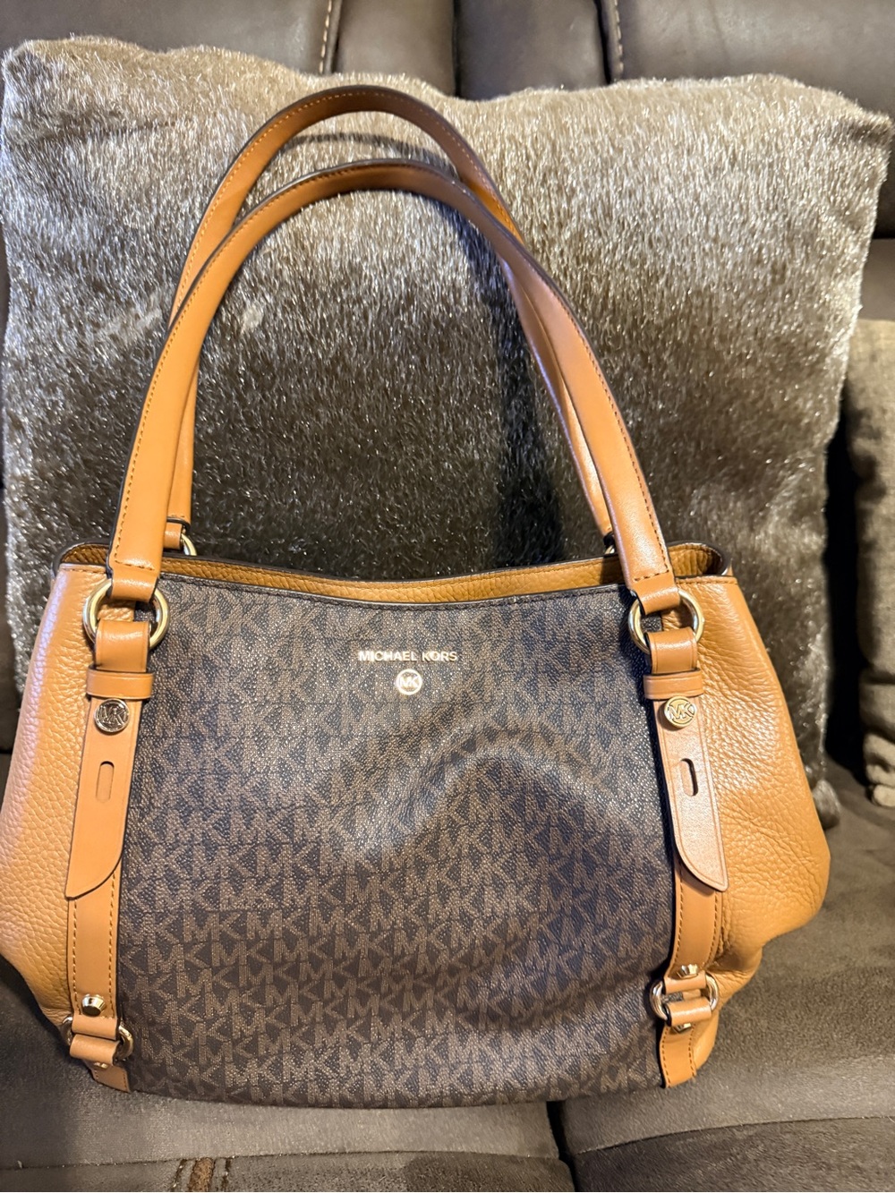 Michael Kors Brown MK Signature Shoulder Bag with Tan Leather Trim